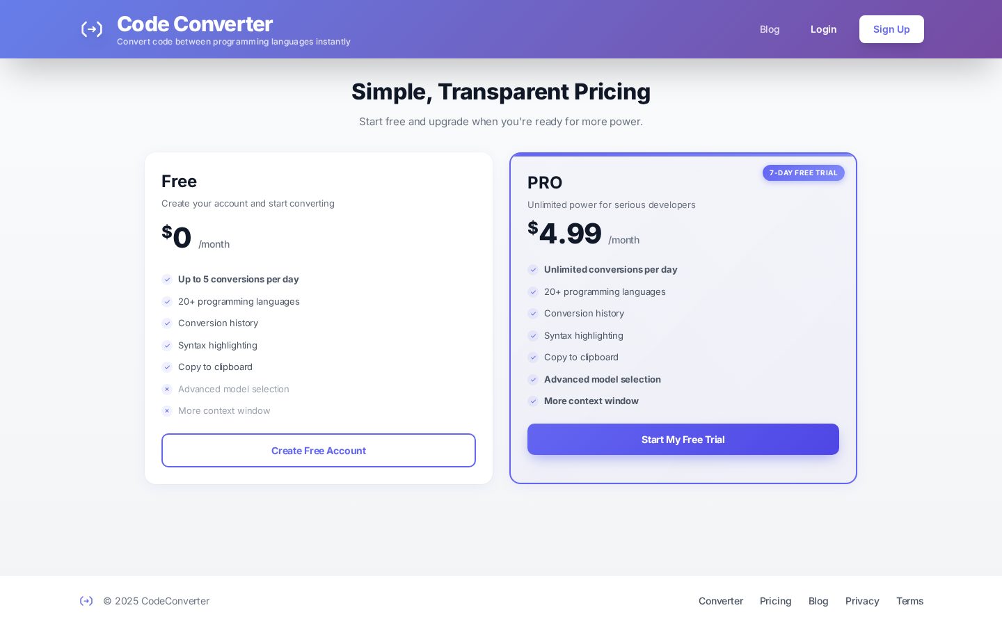 Code Converter Pricing
