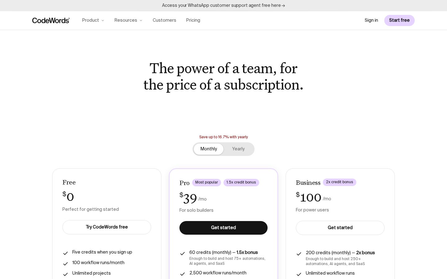CodeWords UI Pricing