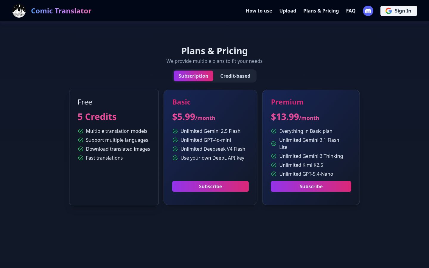 Comic Translator Pricing