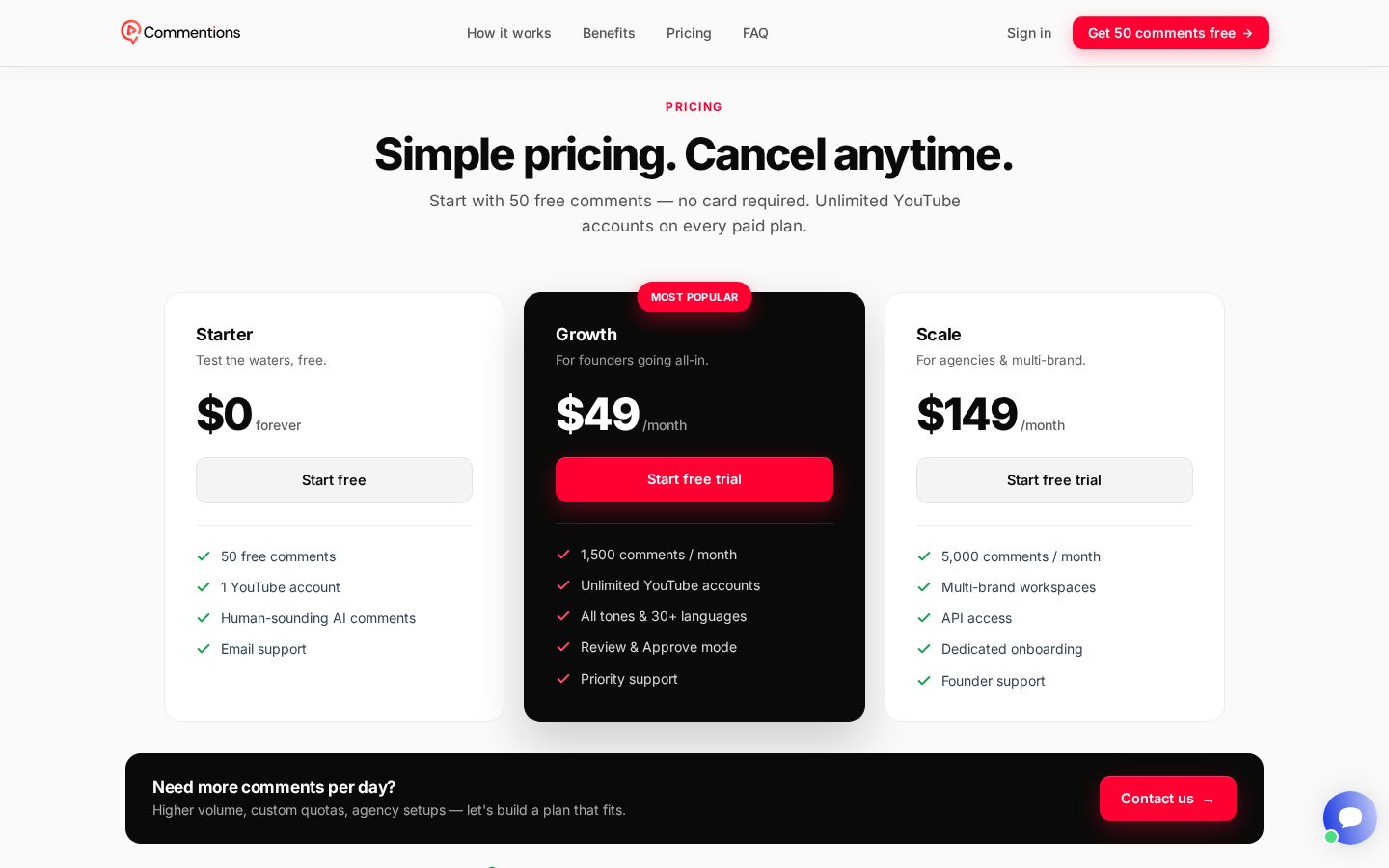 Commentions Pricing
