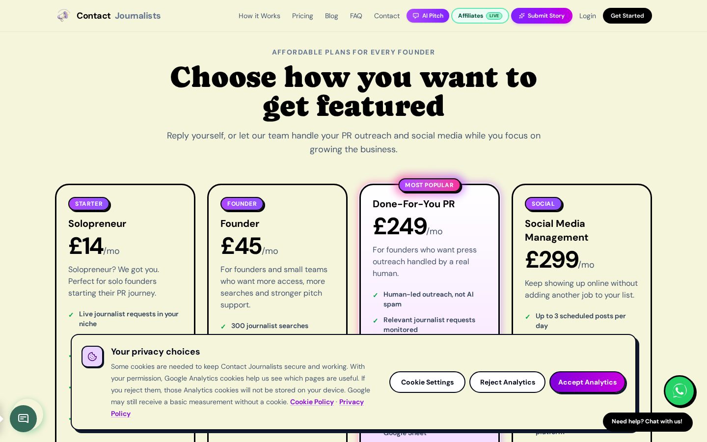 Contact Journalists Pricing