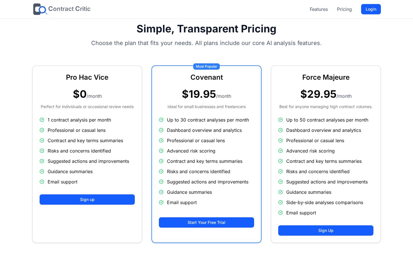 Contract Critic Pricing
