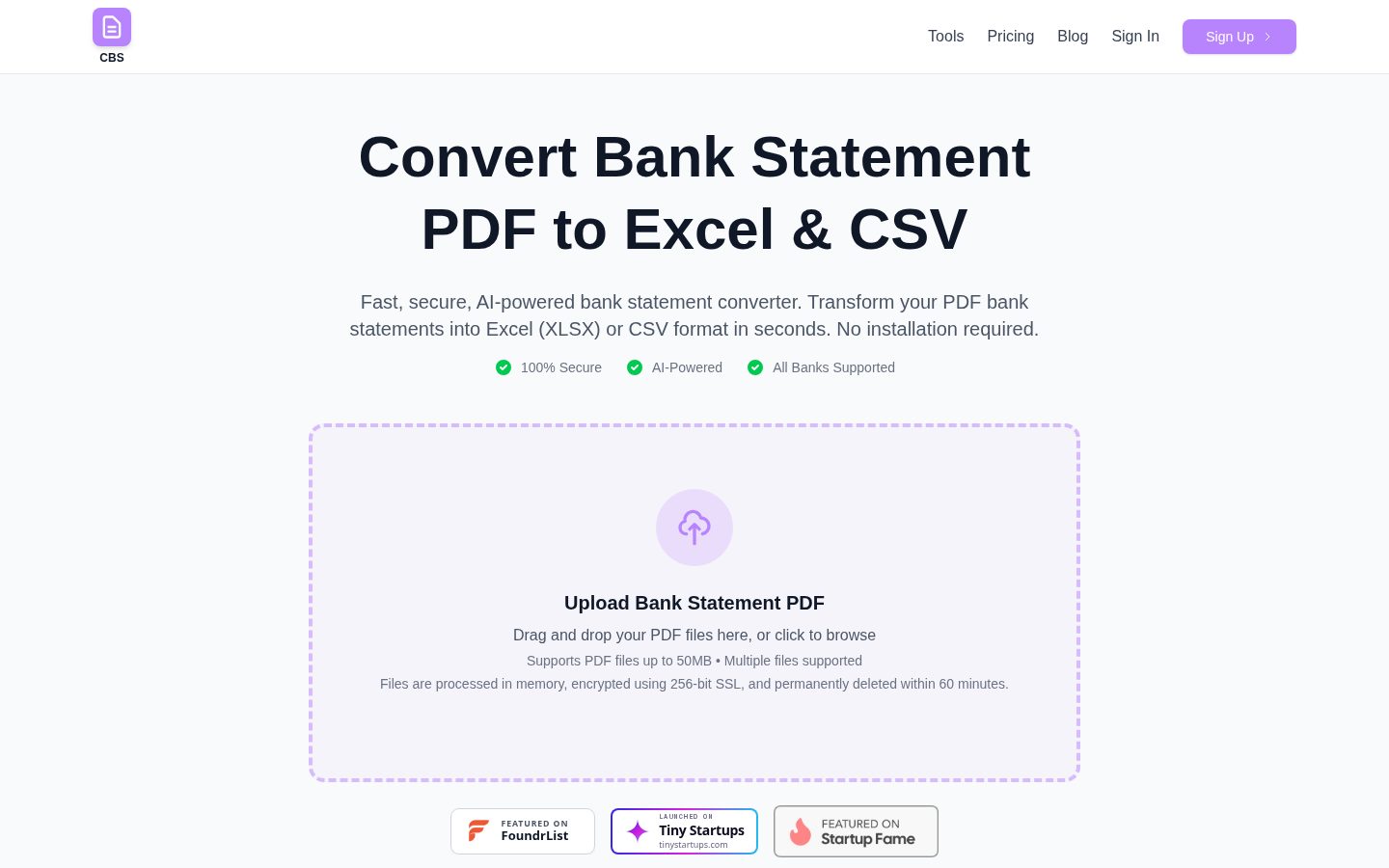Convert Bank Statement Homepage