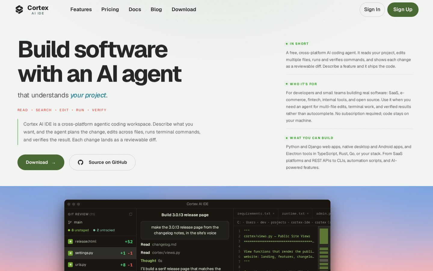 Cortex AI IDE Homepage