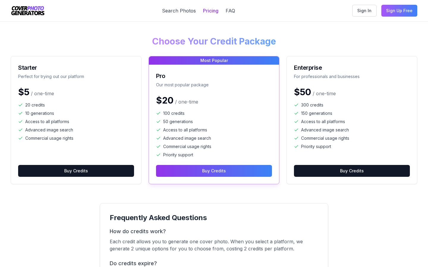 CoverPhotoGenerators Pricing