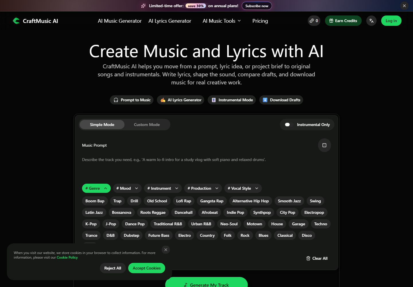CraftMusic AI homepage