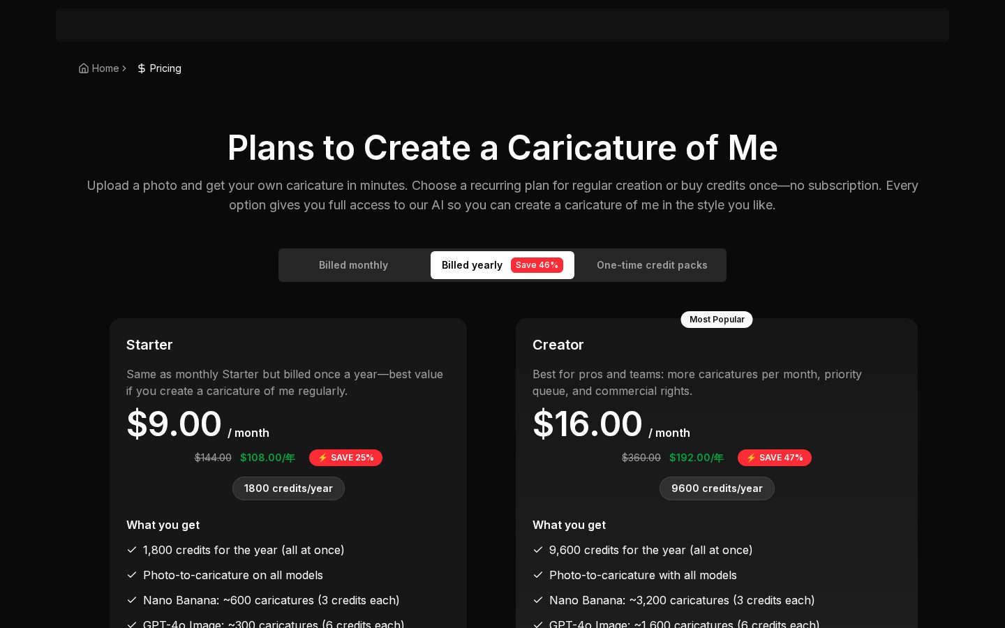 Create a Caricature of Me Pricing