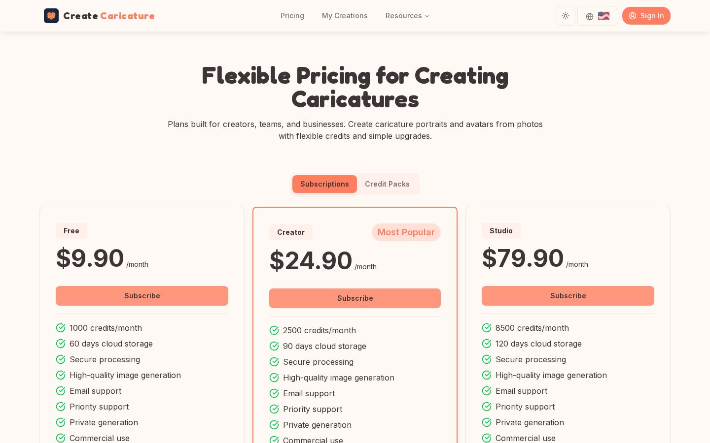 Create Caricature Pricing