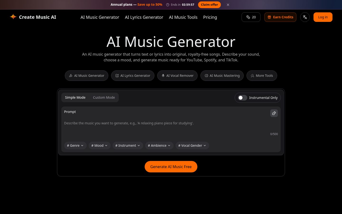 Create Music AI Homepage
