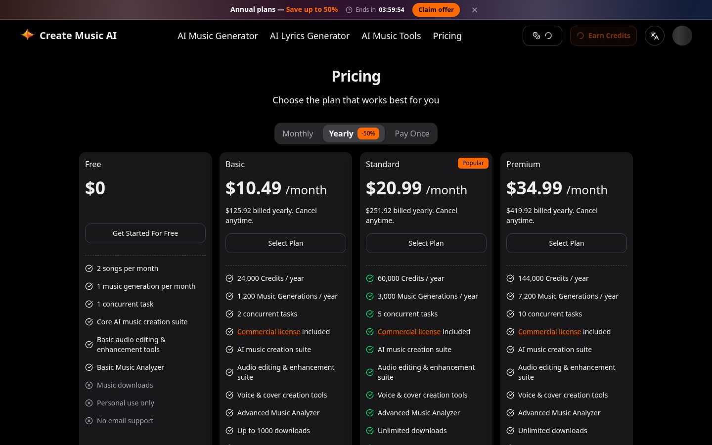 Create Music AI Pricing