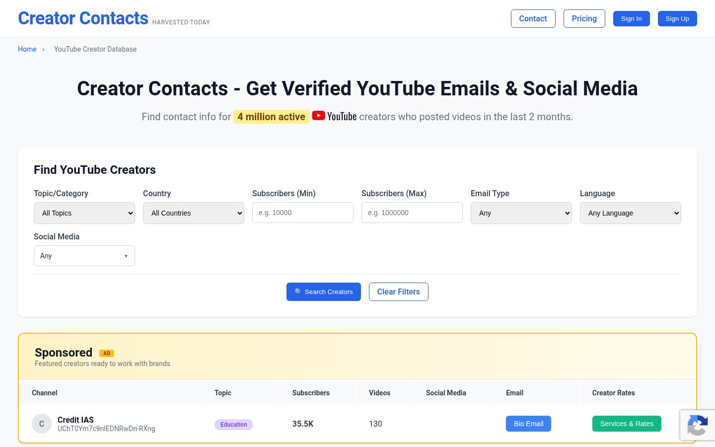 Creator Contacts Homepage