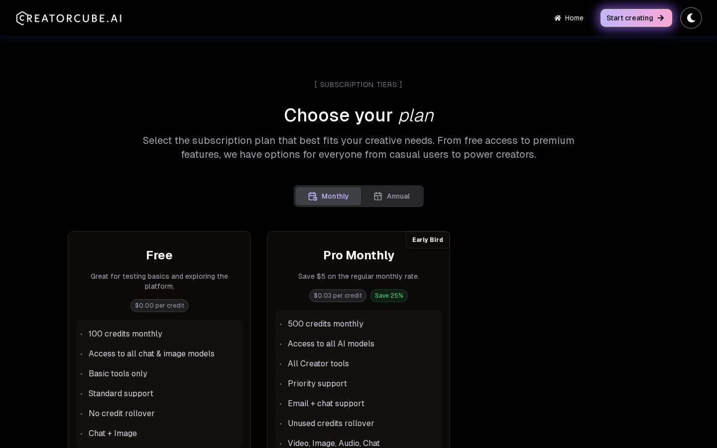 CreatorCube AI Pricing