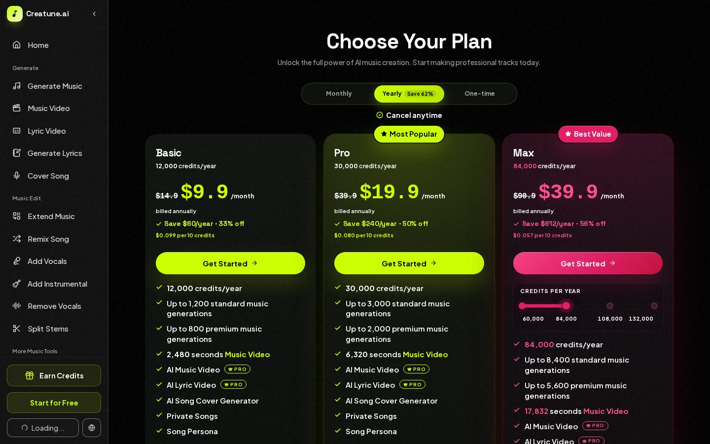 Creatune AI Pricing