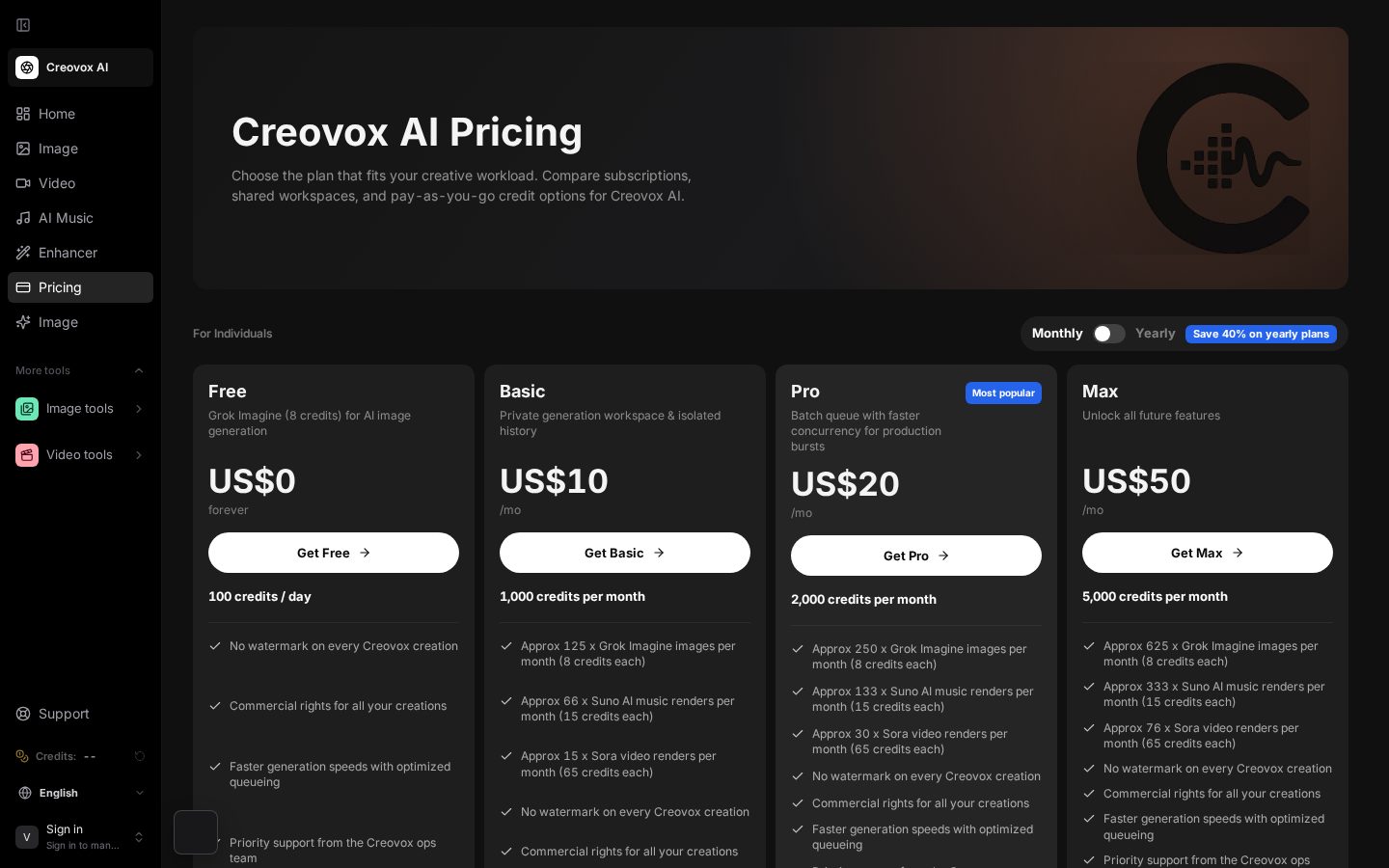 Creovox AI Pricing