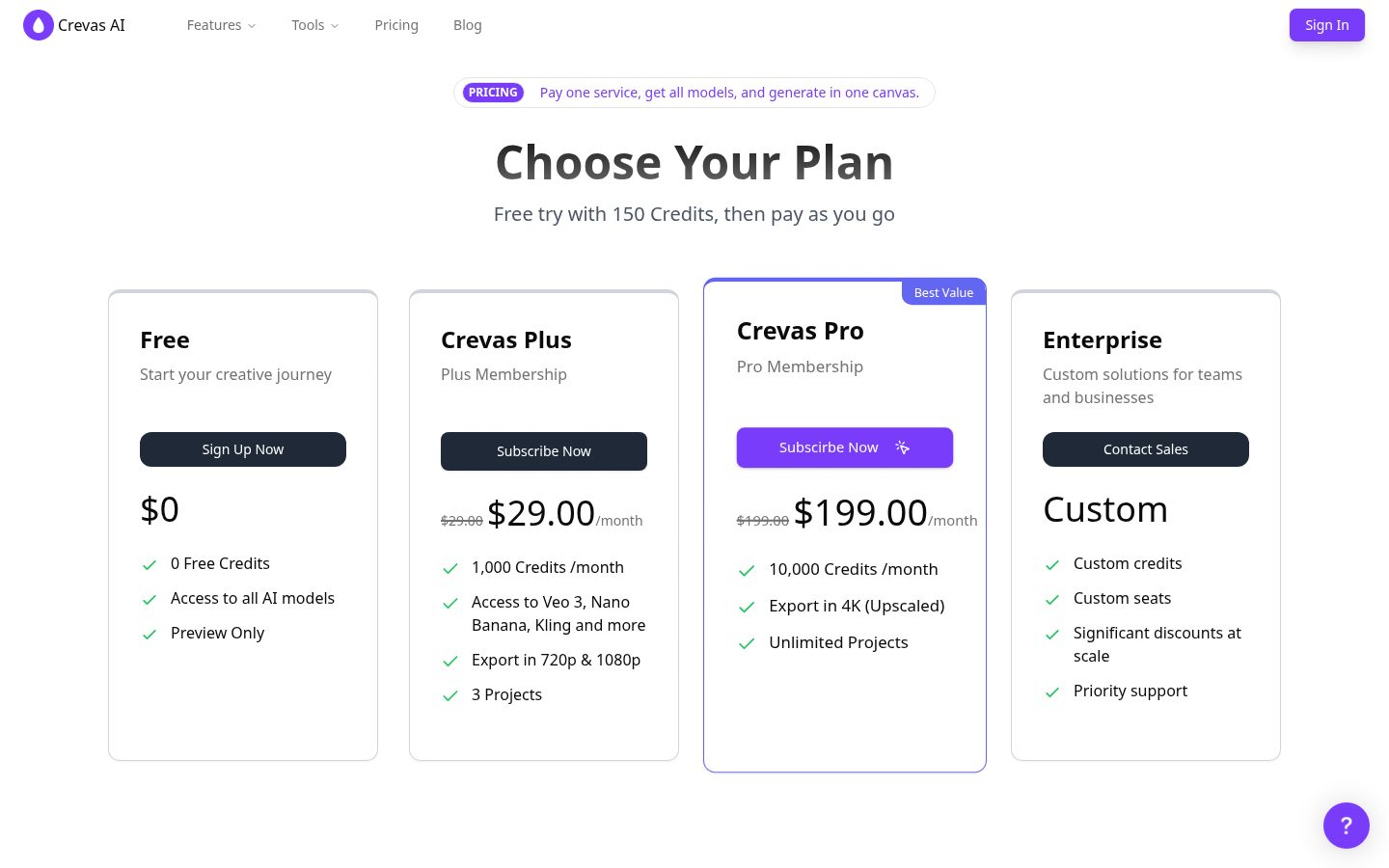 Crevas AI Pricing