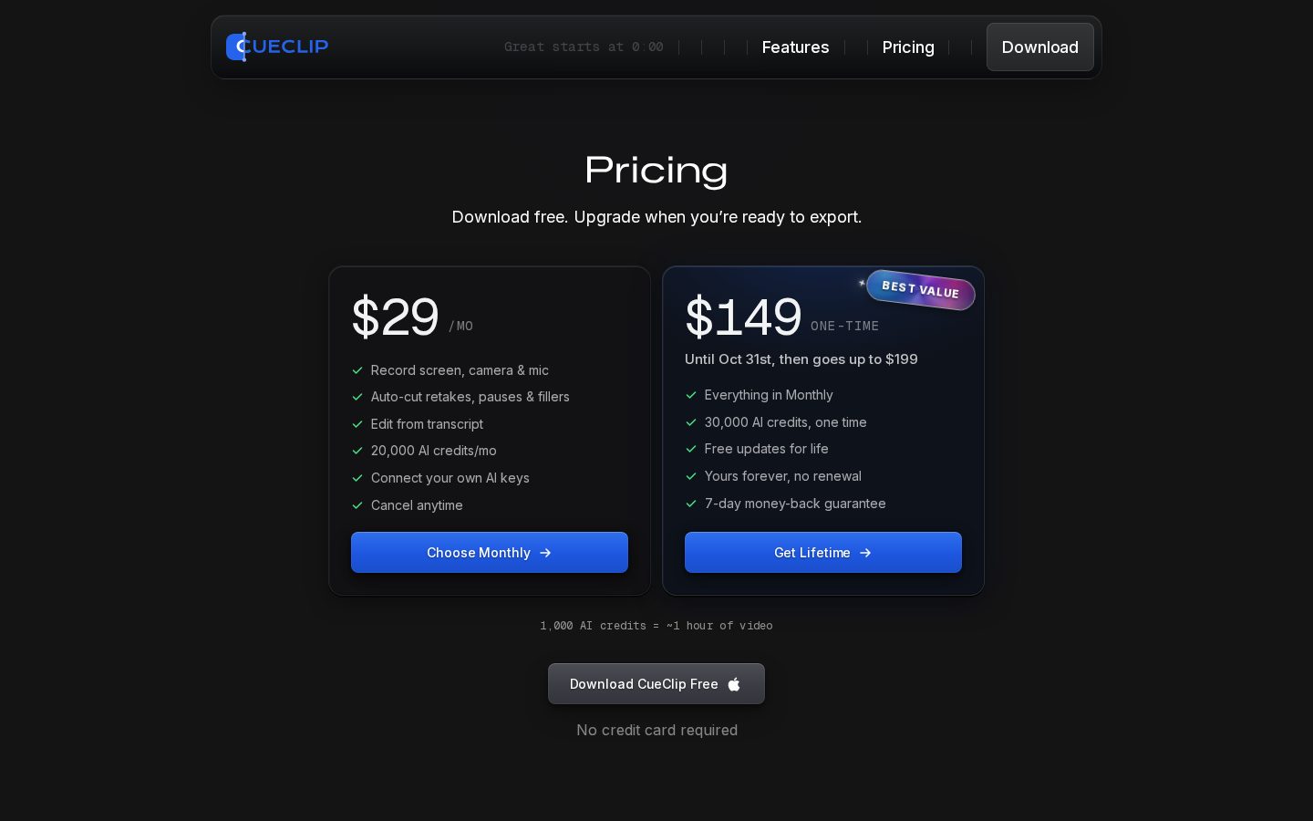CueClip Pricing