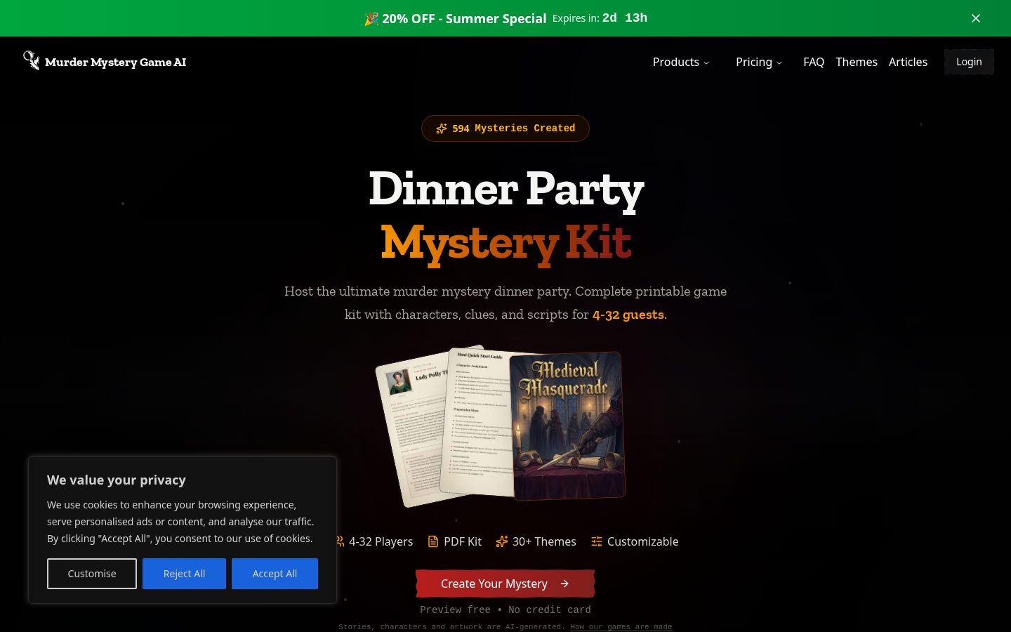 Custom Murder Mystery Party Game Homepage