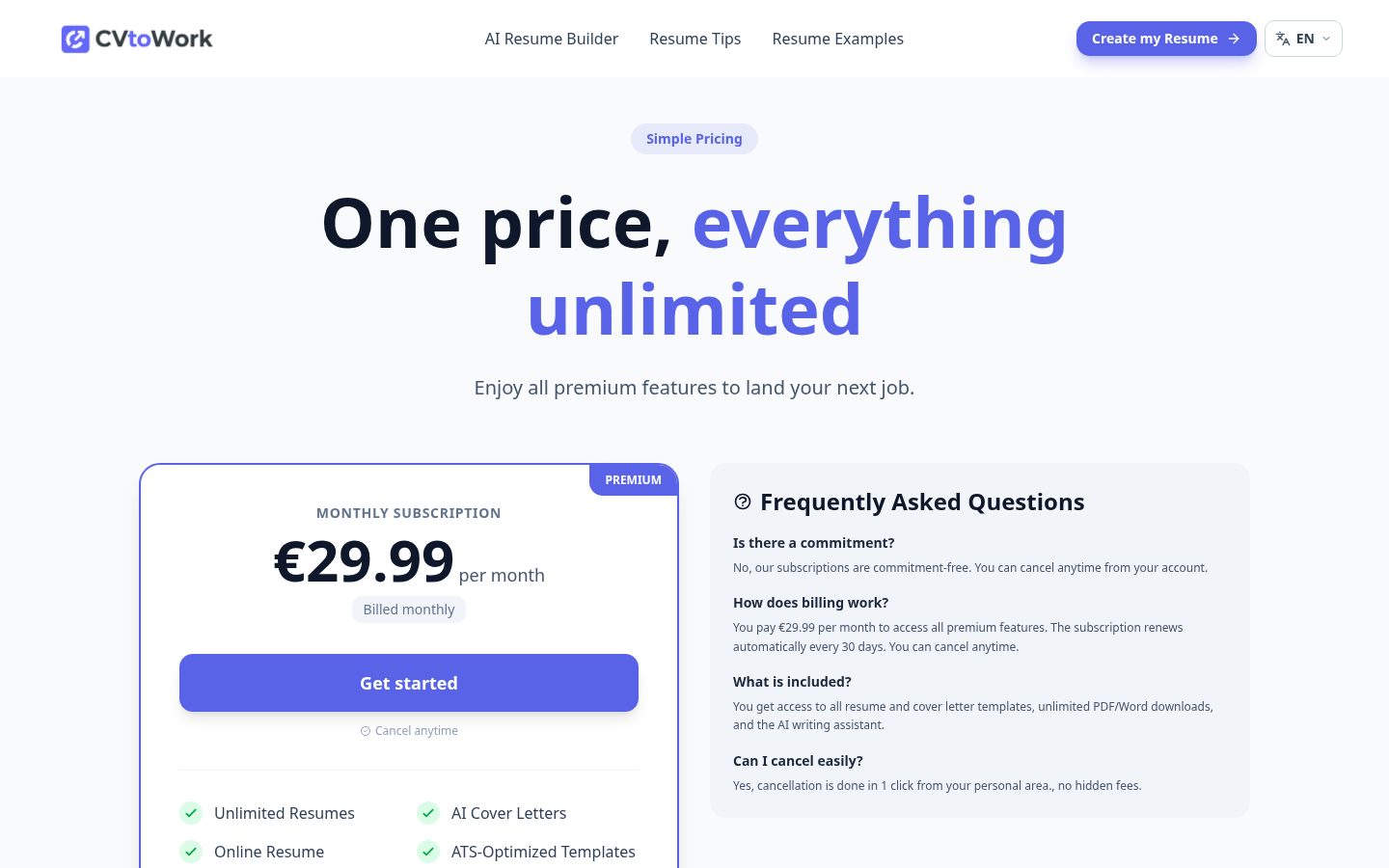 CVtoWork Pricing