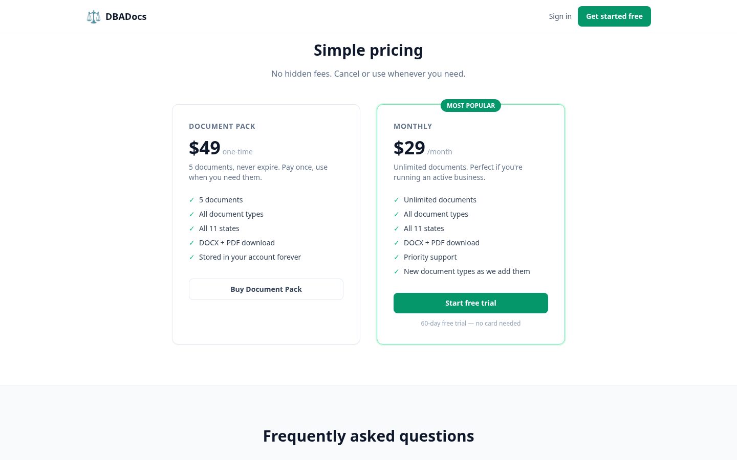DBAdocs Pricing