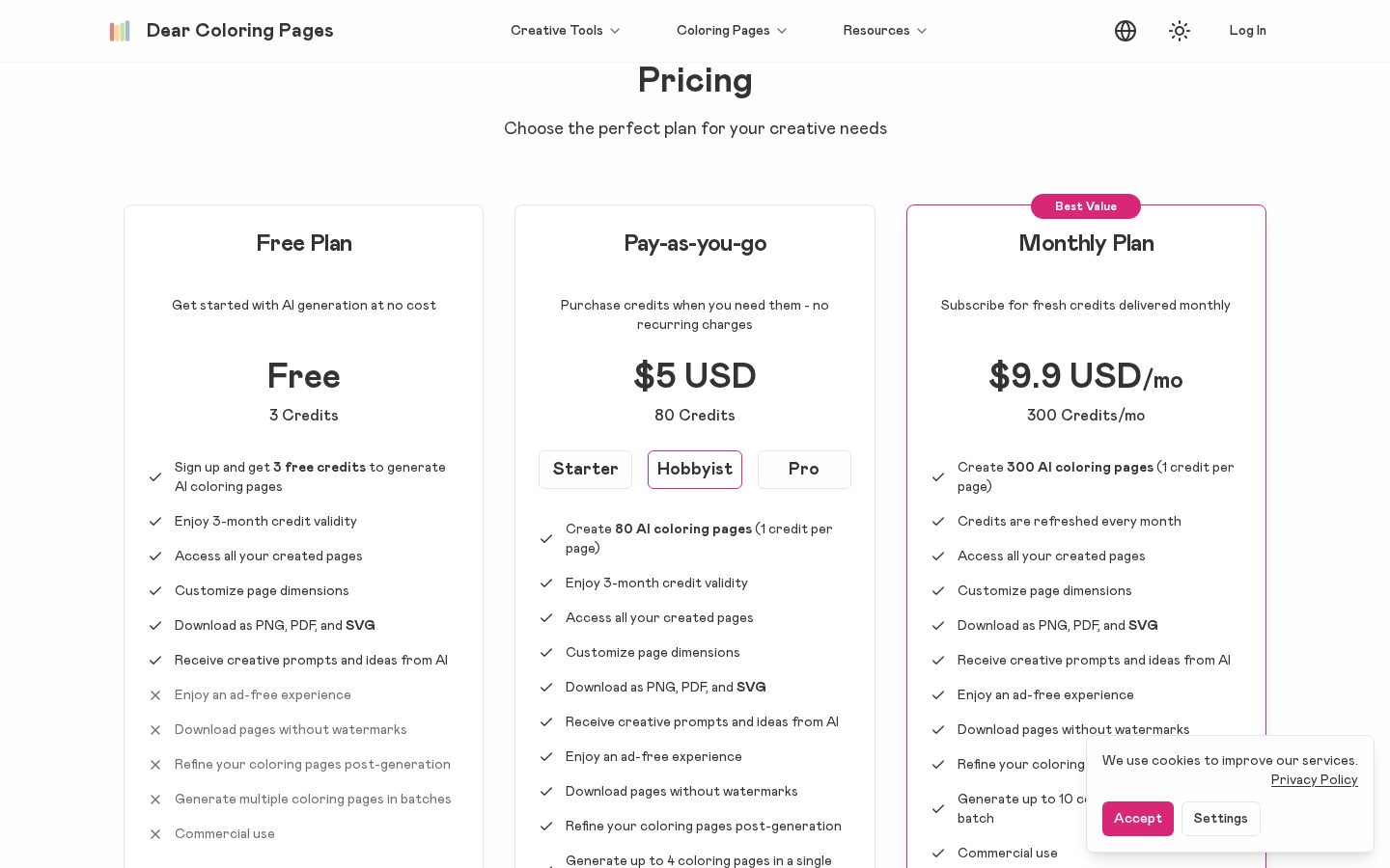 Dear Coloring Pages Pricing