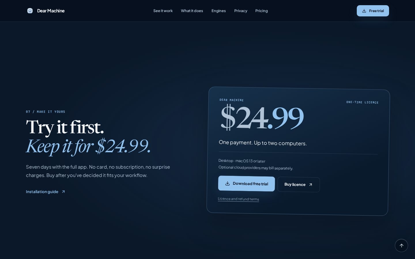 Dear Machine Pricing
