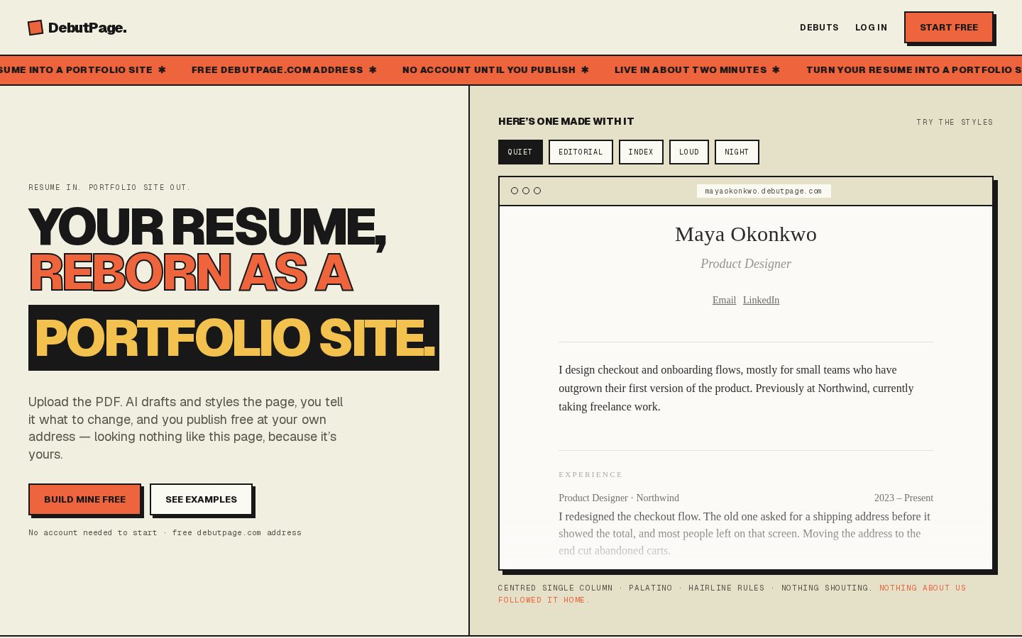 DebutPage Homepage