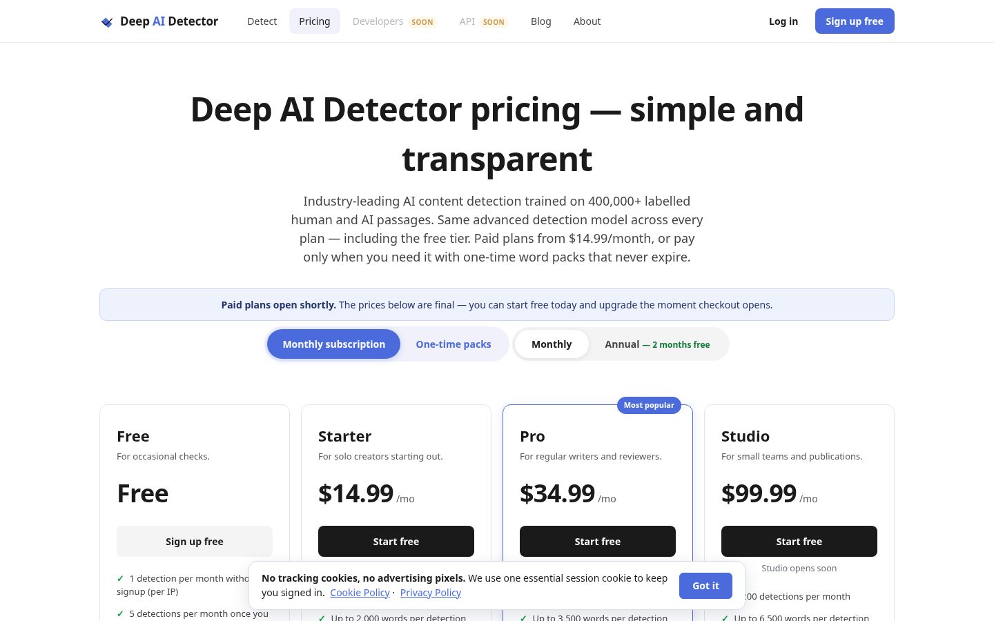 Deep AI Detector Pricing