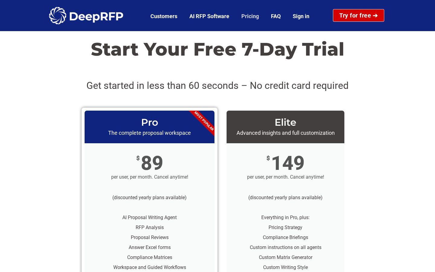 DeepRFP Pricing