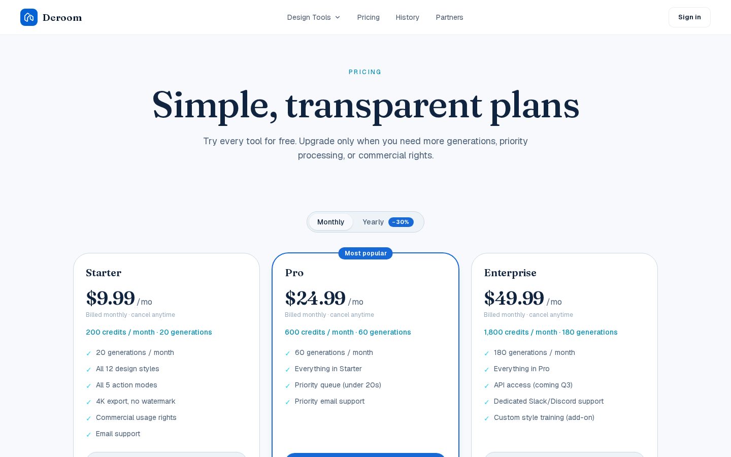 Deroom AI Pricing