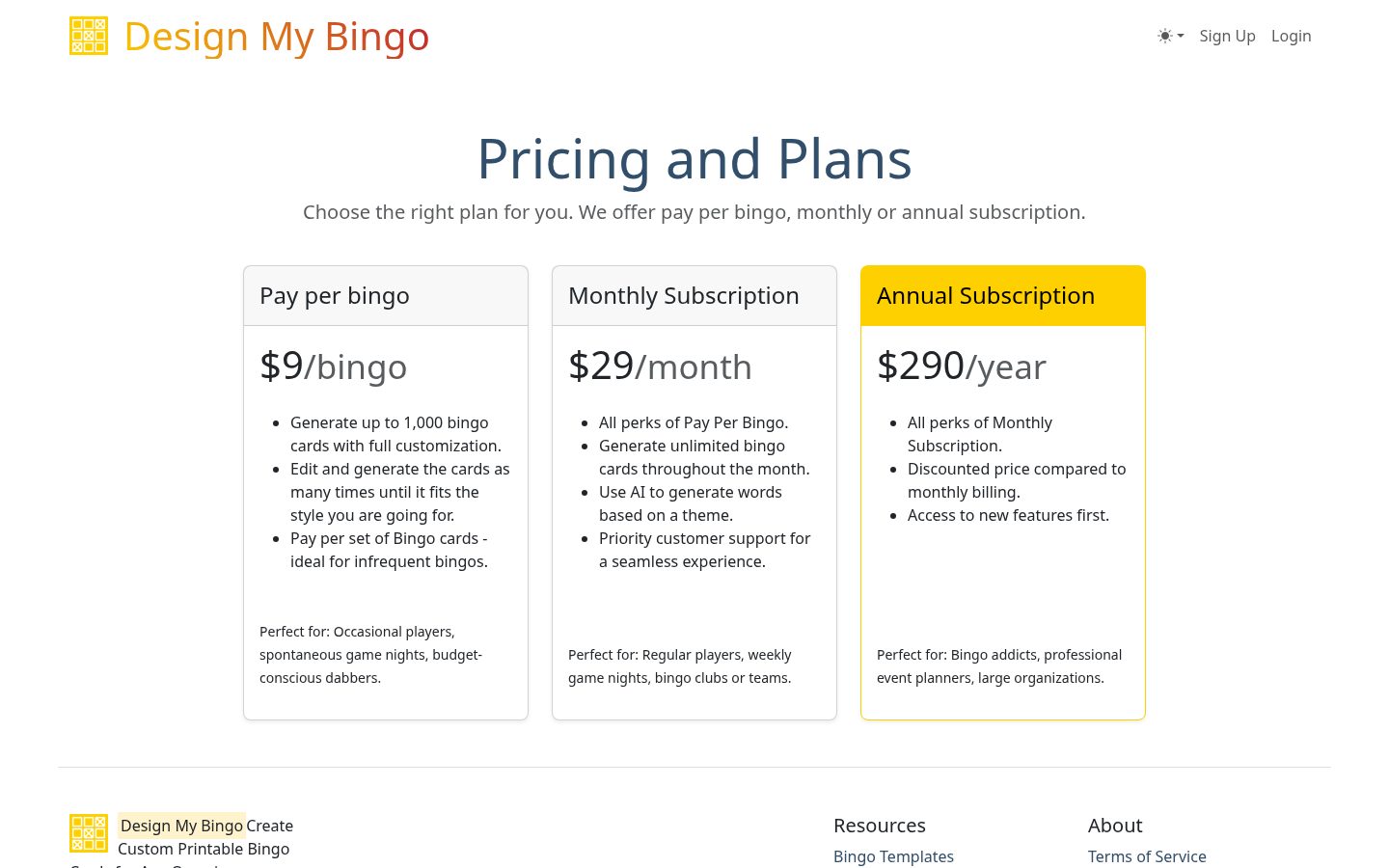 Design My Bingo Pricing