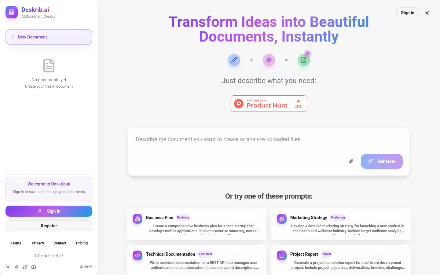 Deskrib.Ai Homepage