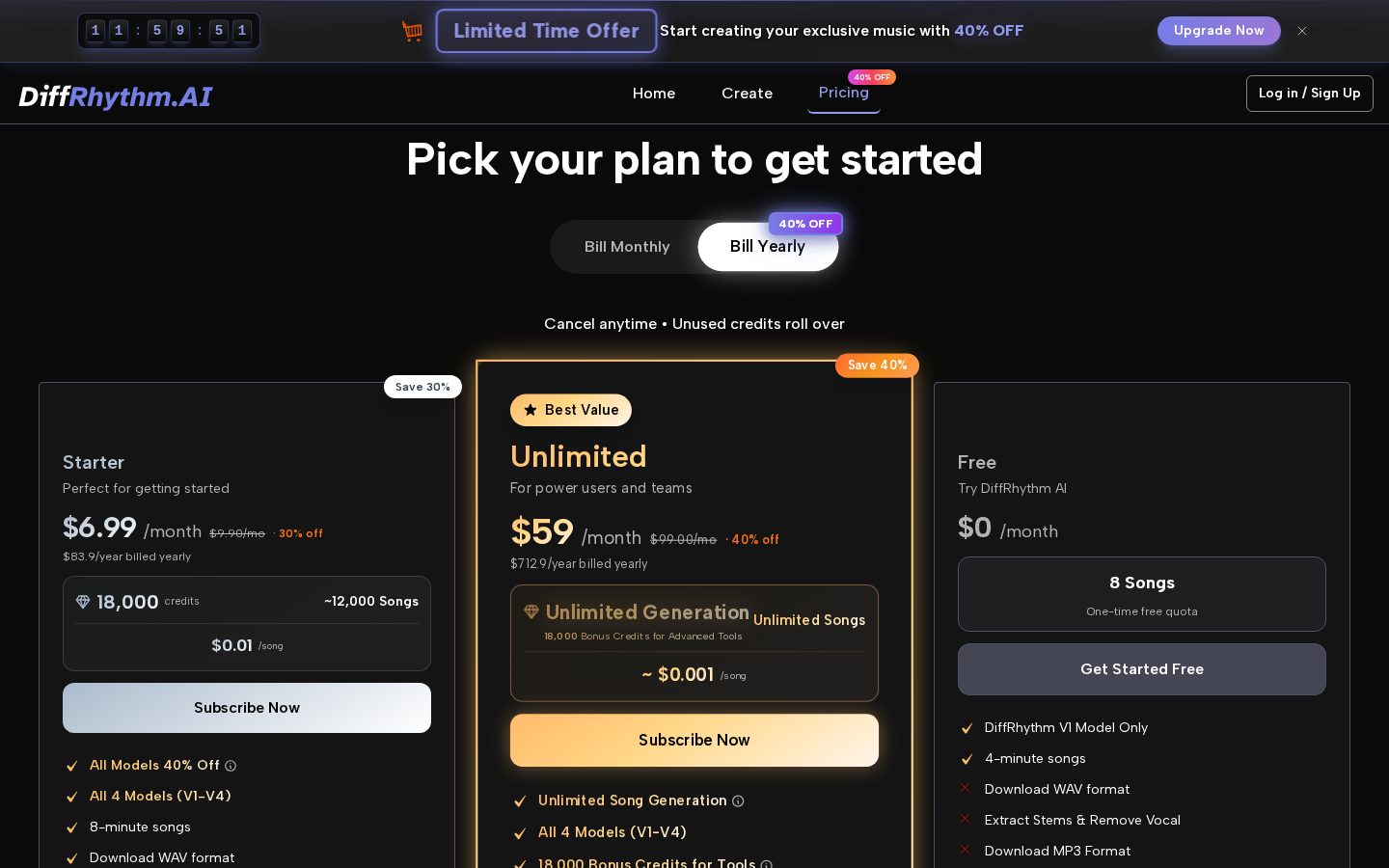 DiffRhythm AI Music Pricing