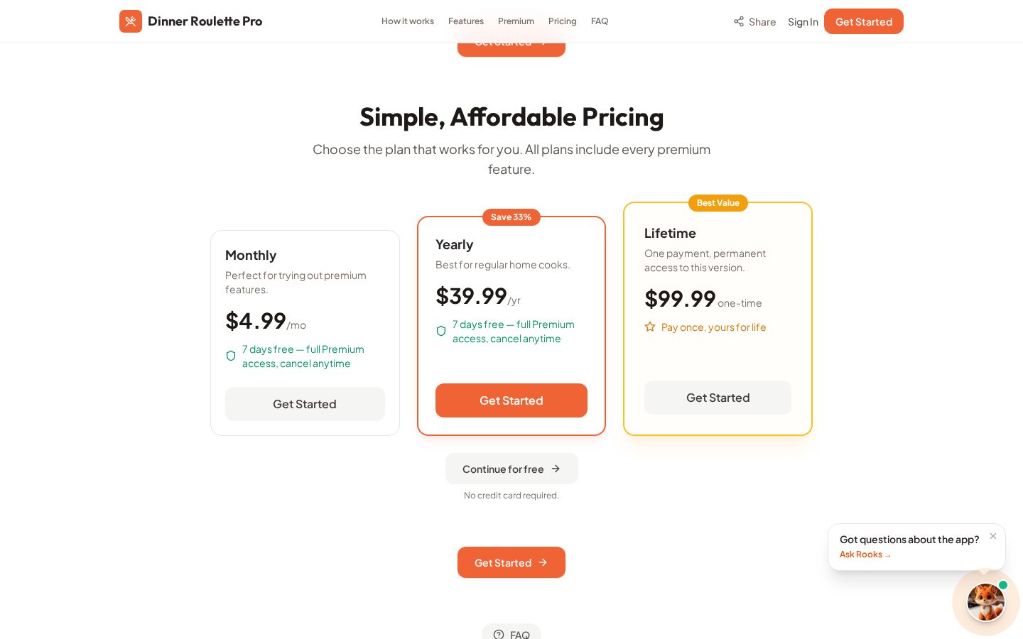 Dinner Roulette Pro Pricing