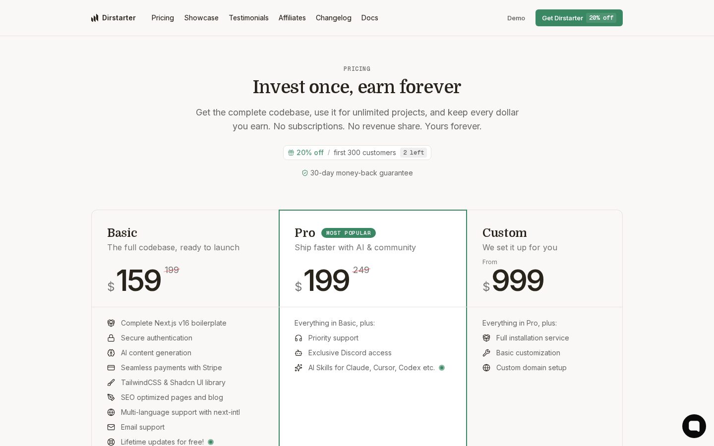 Dirstarter Pricing