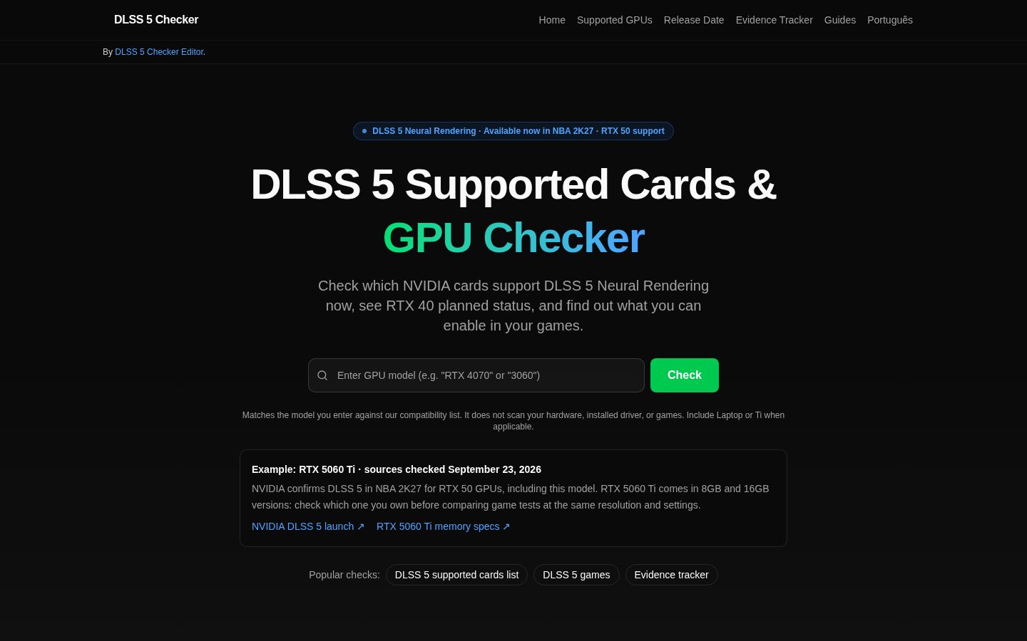 DLSS 5 GPU Compatibility Checker Homepage