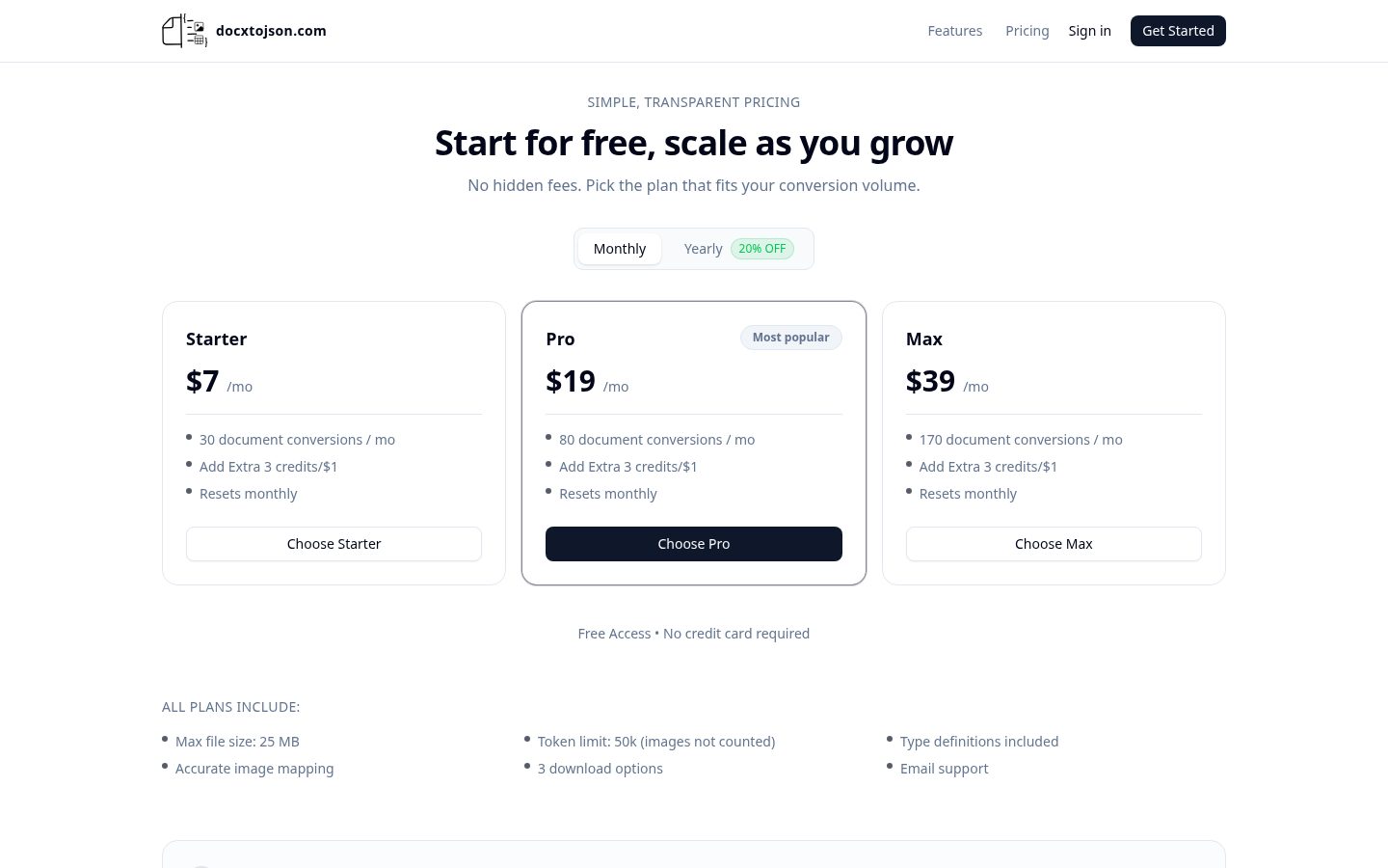 DOCX to JSON Converter Pricing
