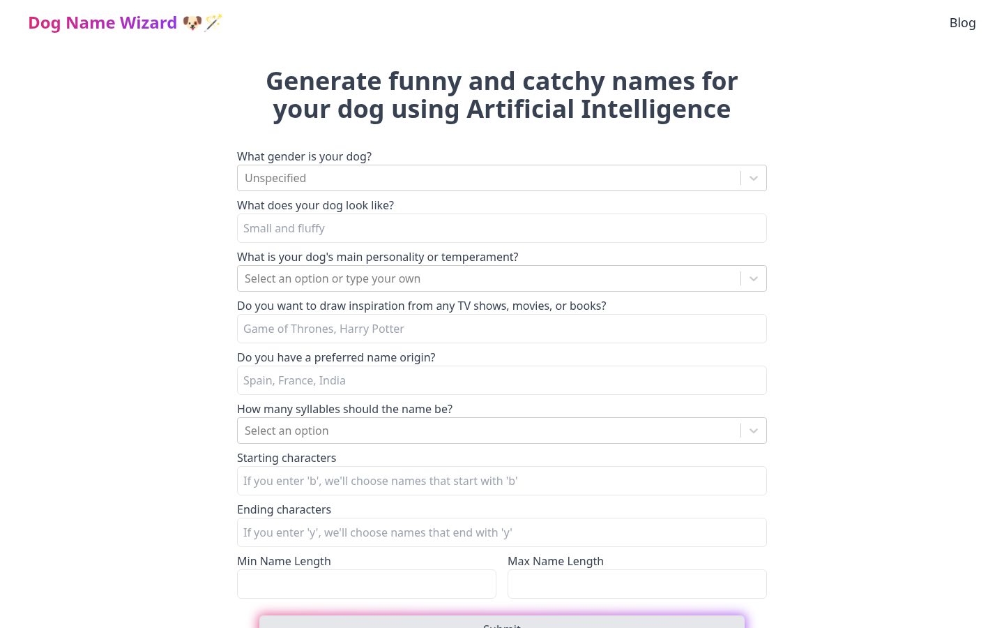 Dog Name Wizard Homepage