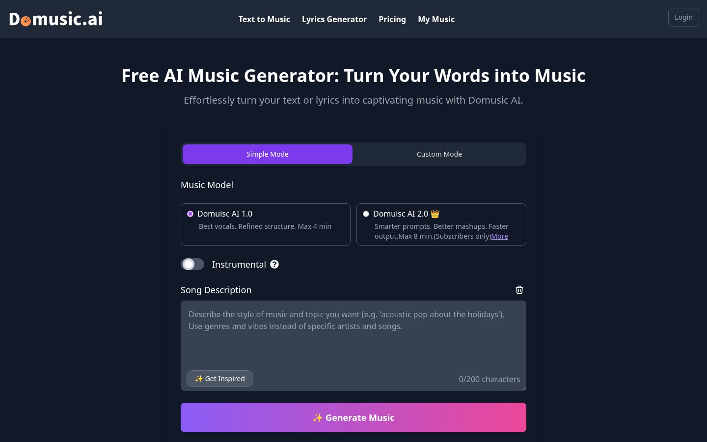 Domusic AI Homepage