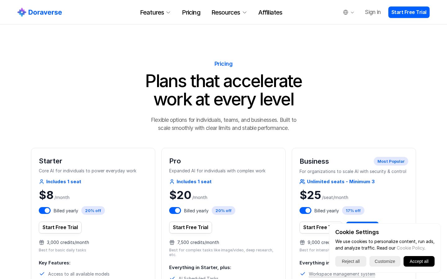 Doraverse's All-in-One AI for Meetings Pricing