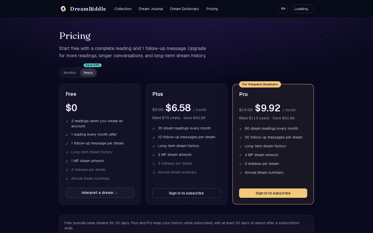 DreamRiddle Pricing