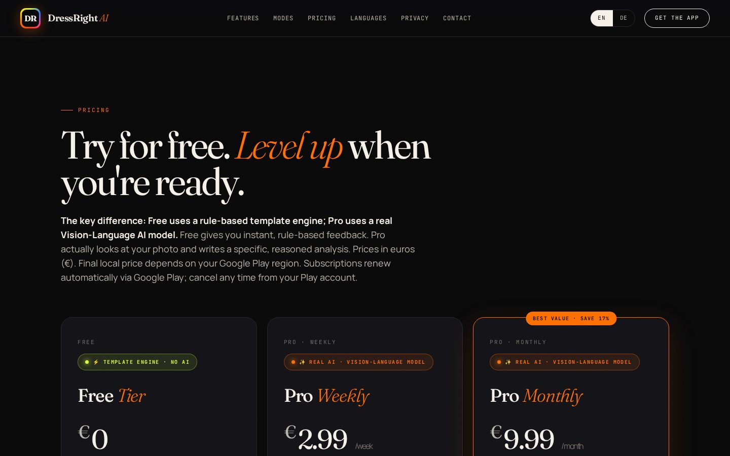 DressRight AI Pricing
