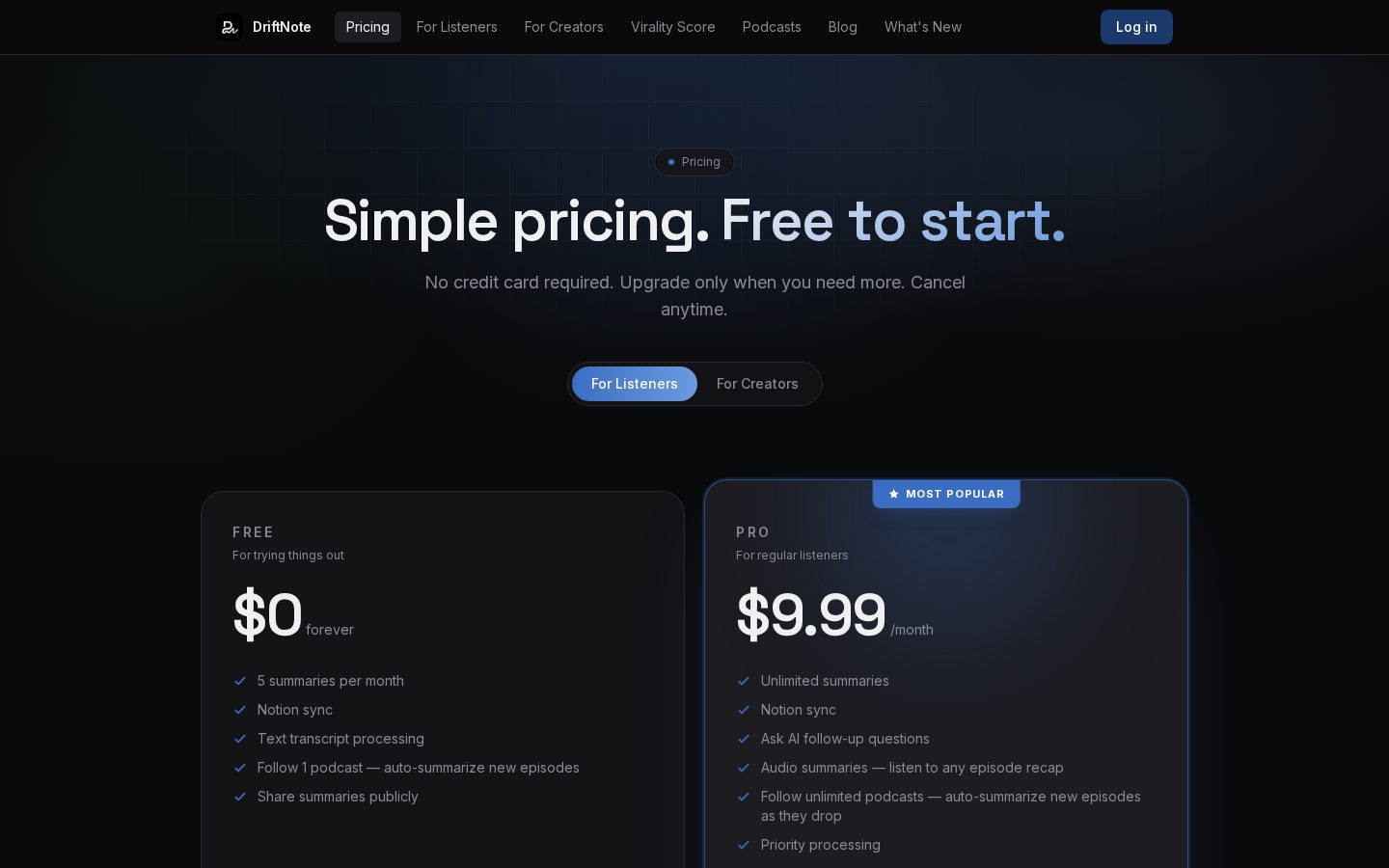 DriftNote Pricing