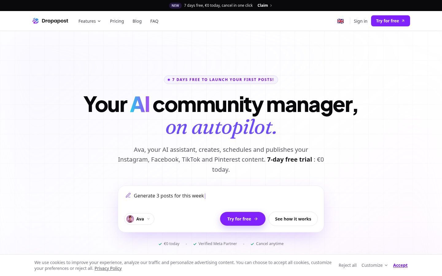 Dropapost - AI Social Media Manager Homepage