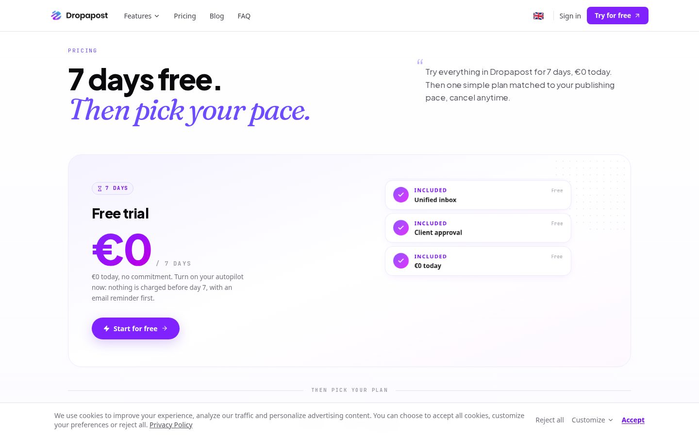 Dropapost - AI Social Media Manager Pricing