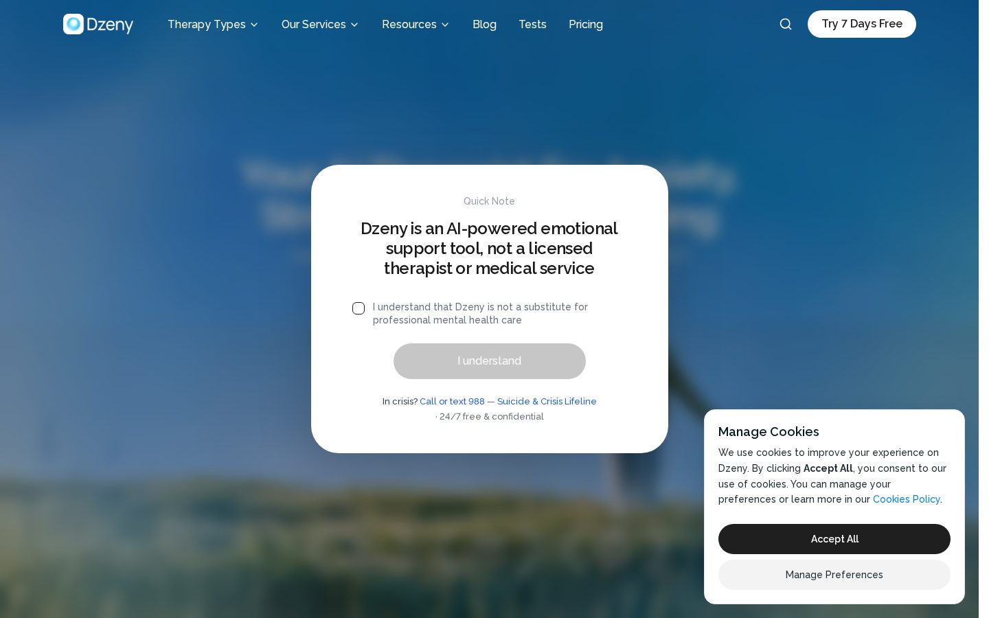 Dzeny AI Therapist Homepage