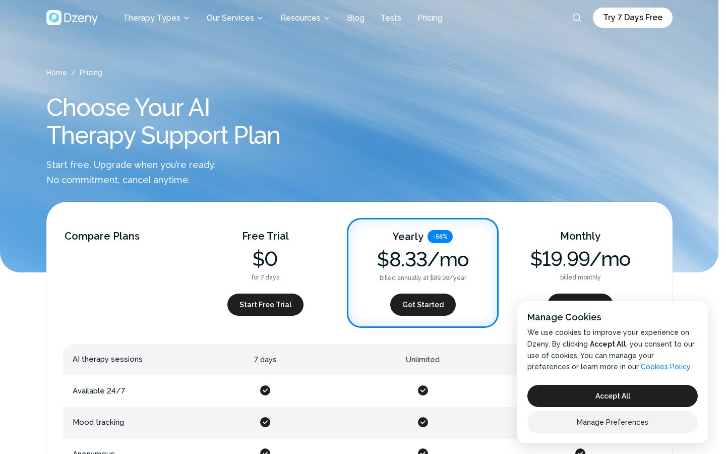 Dzeny AI Therapist Pricing