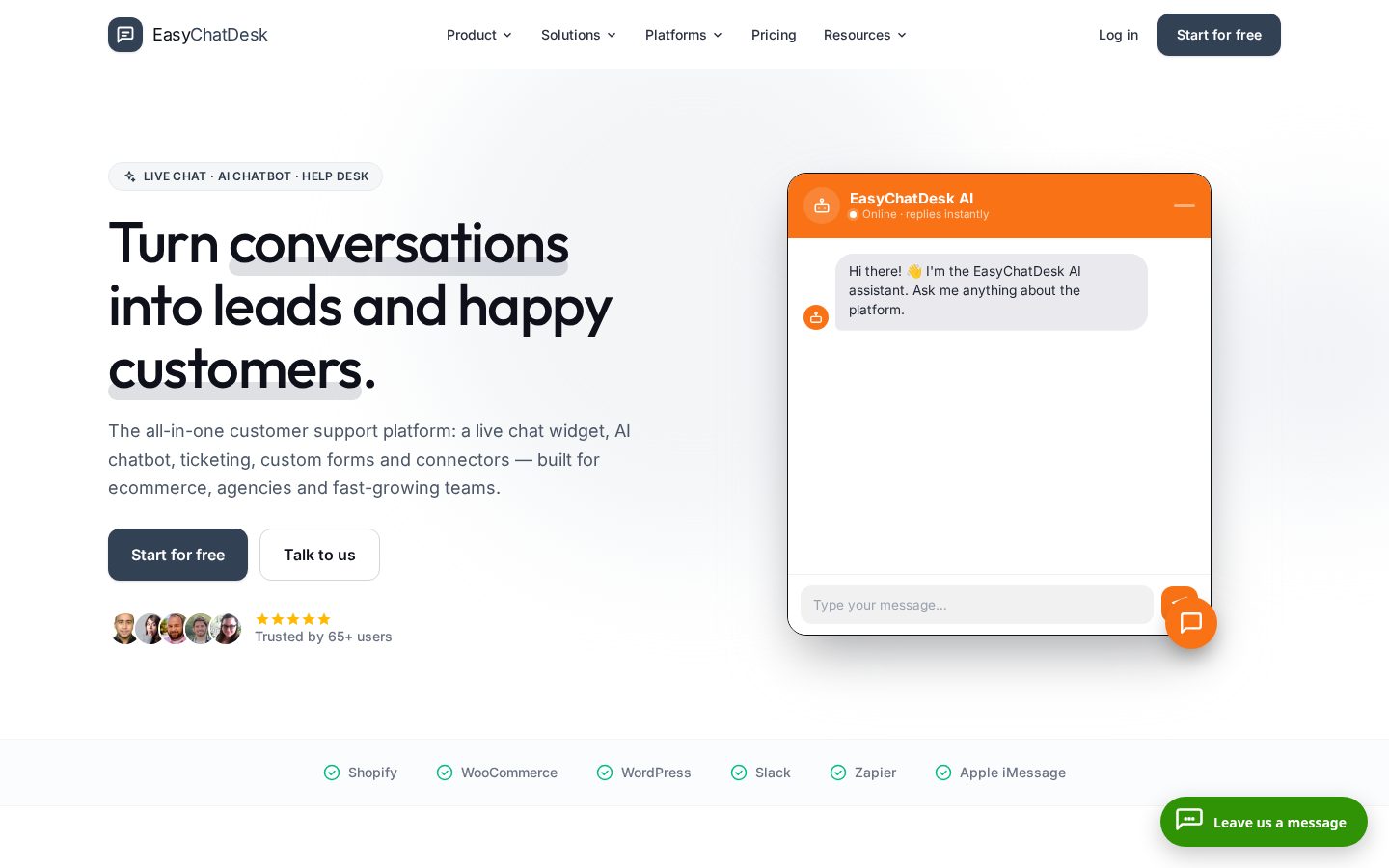 EasyChatDesk - customer support tool with AI Homepage