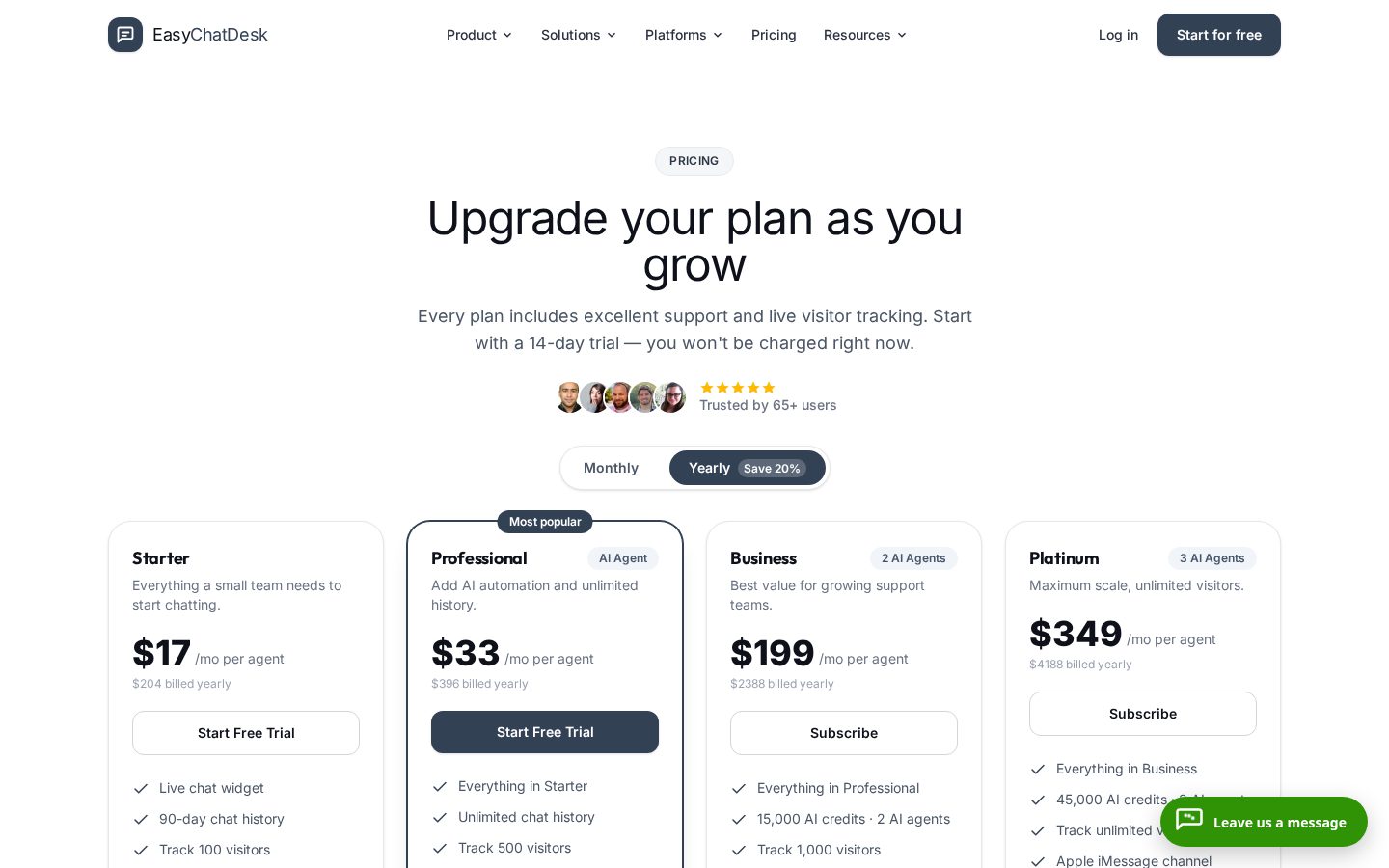 EasyChatDesk - customer support tool with AI Pricing