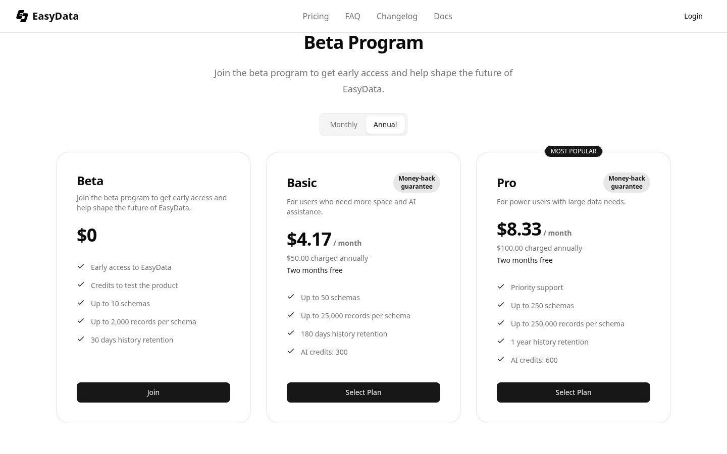 EasyData Pricing