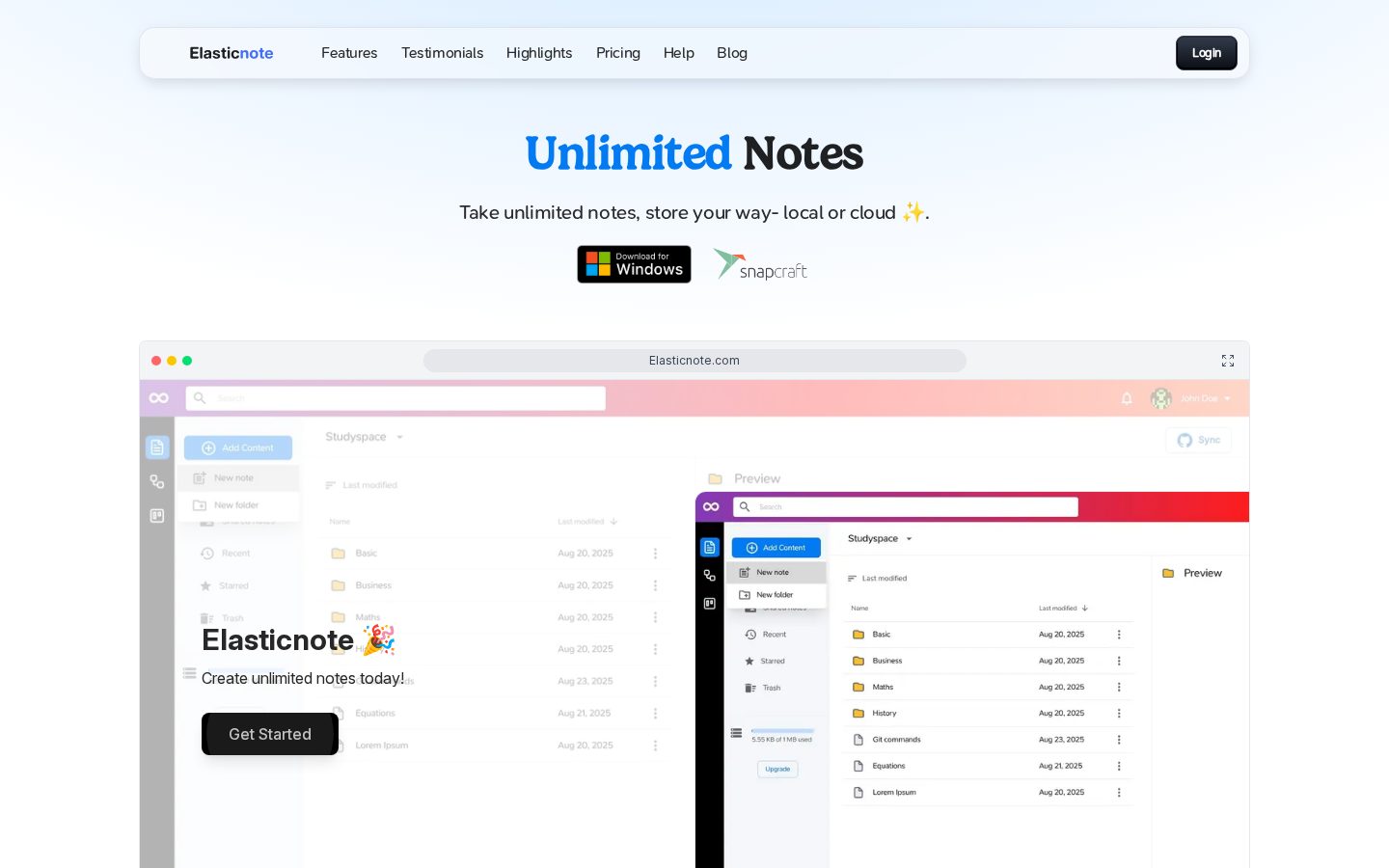 Elasticnote Homepage